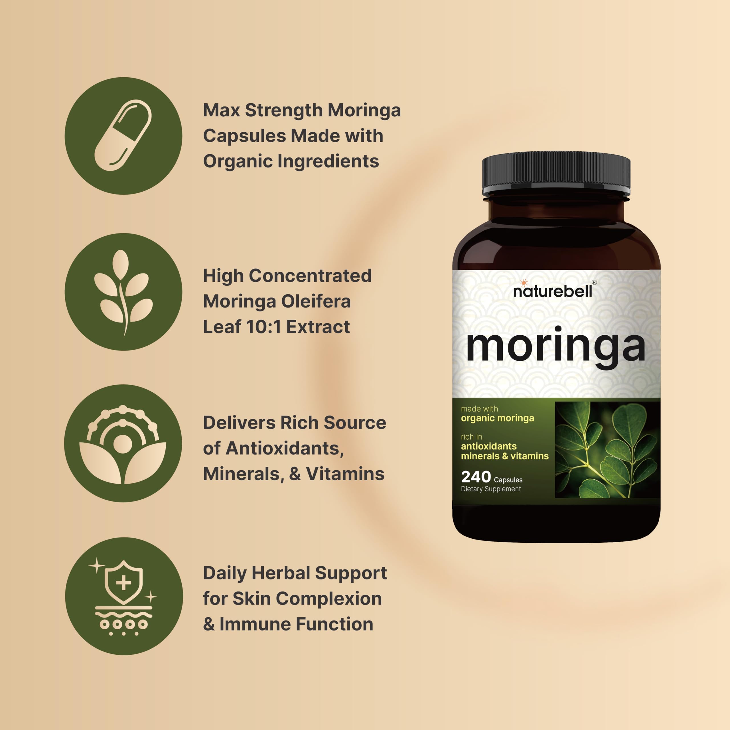 NatureBell Pure Moringa Capsules label close-up, shows 800 mg per serving and ingredients.