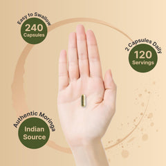 NatureBell Pure Moringa Capsules powder image, vibrant plant nutrients inside capsules.