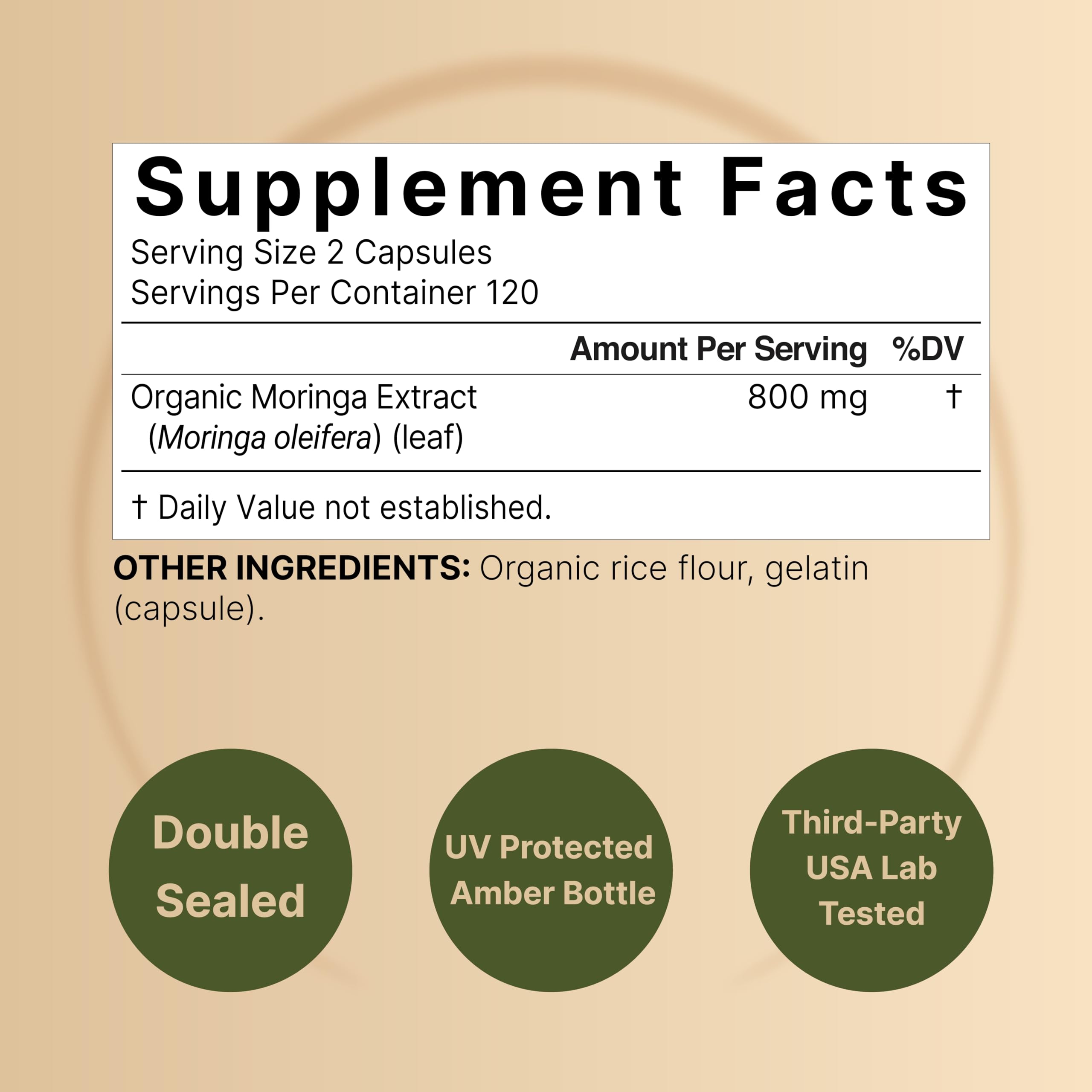 NatureBell Pure Moringa Capsules serving spoon with bottle, simple two-capsule daily dose.