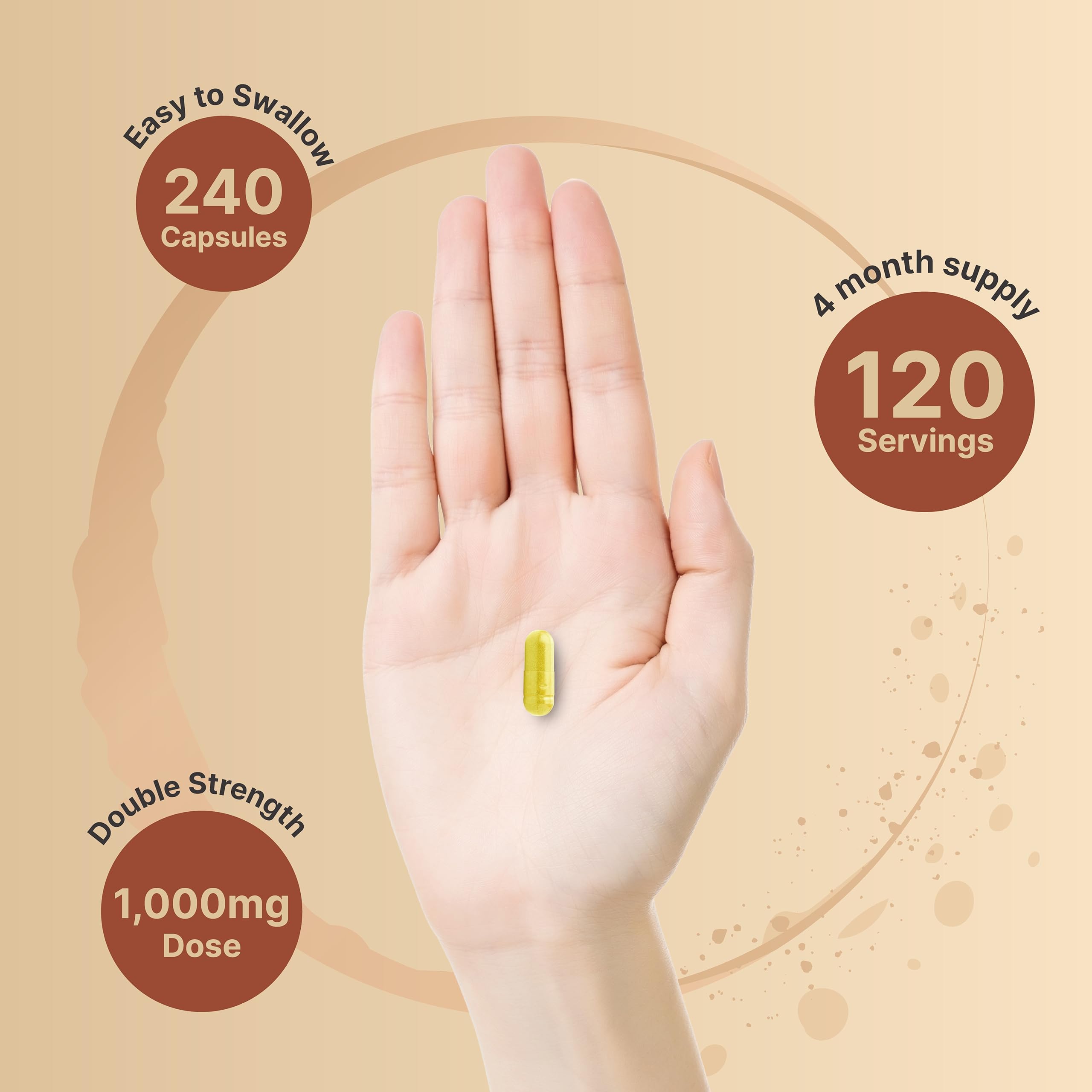 Bottle with 240 capsules per bottle emphasizing long-term daily use