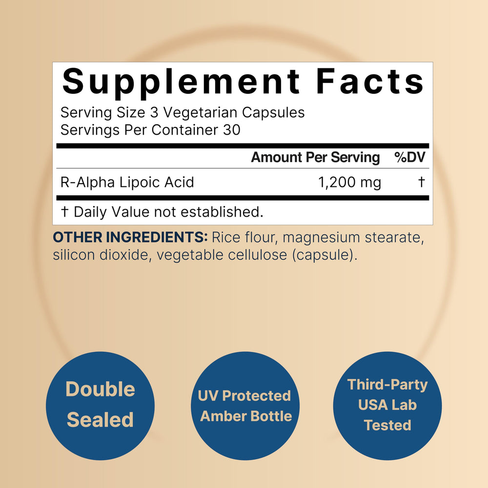 Closeup of NatureBell R-ALA capsules highlighting vegan format and high potency