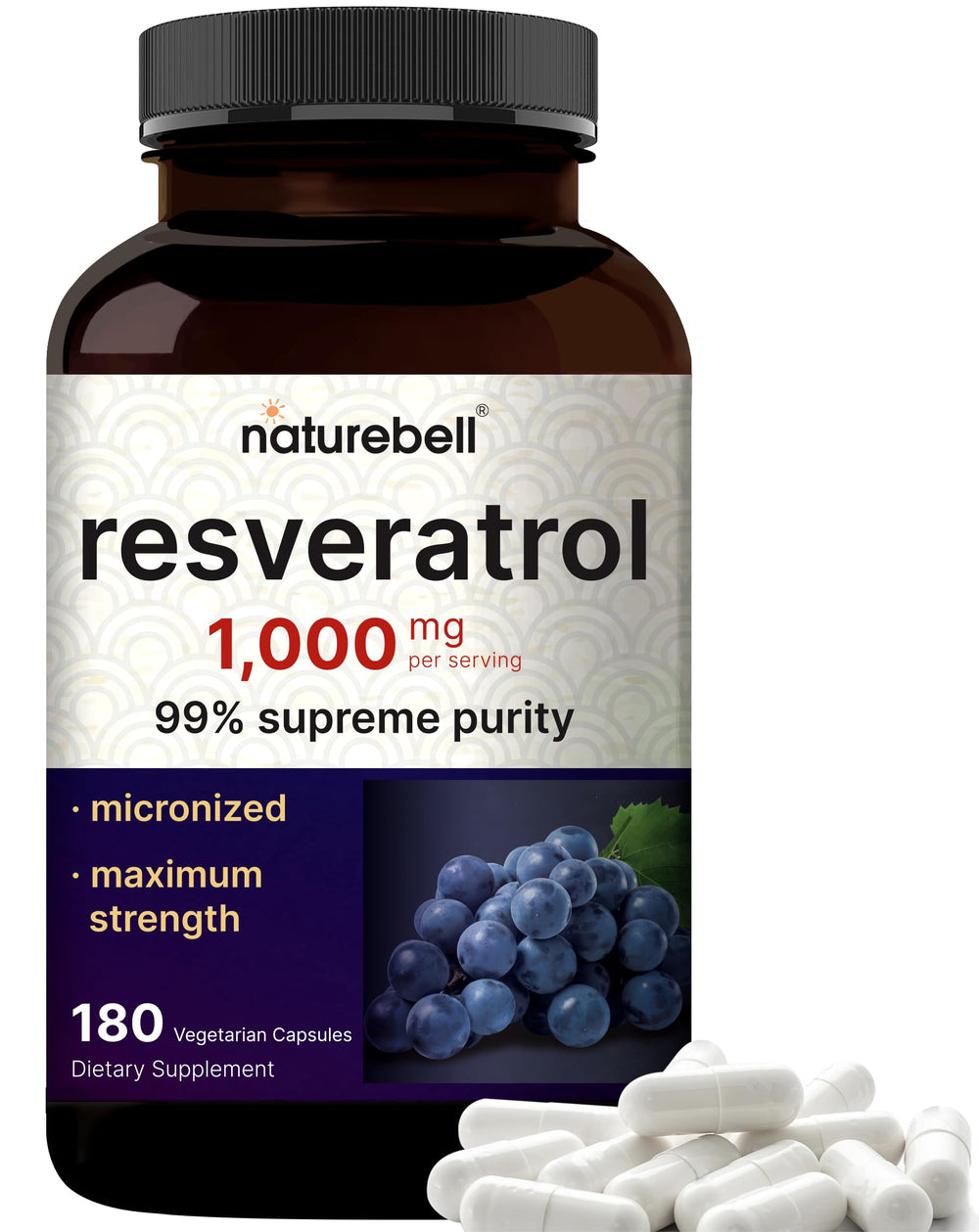 NatureBell Resveratrol bottle front view highlights 1000mg strength per serving.