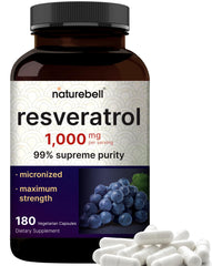NatureBell Resveratrol bottle front view highlights 1000mg strength per serving.