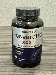 NatureBell Resveratrol bottle label close-up shows 99% pure trans-resveratrol.