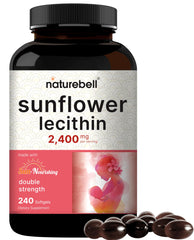 NatureBell sunflower lecithin softgels bottle on counter for soy-free lactation support.