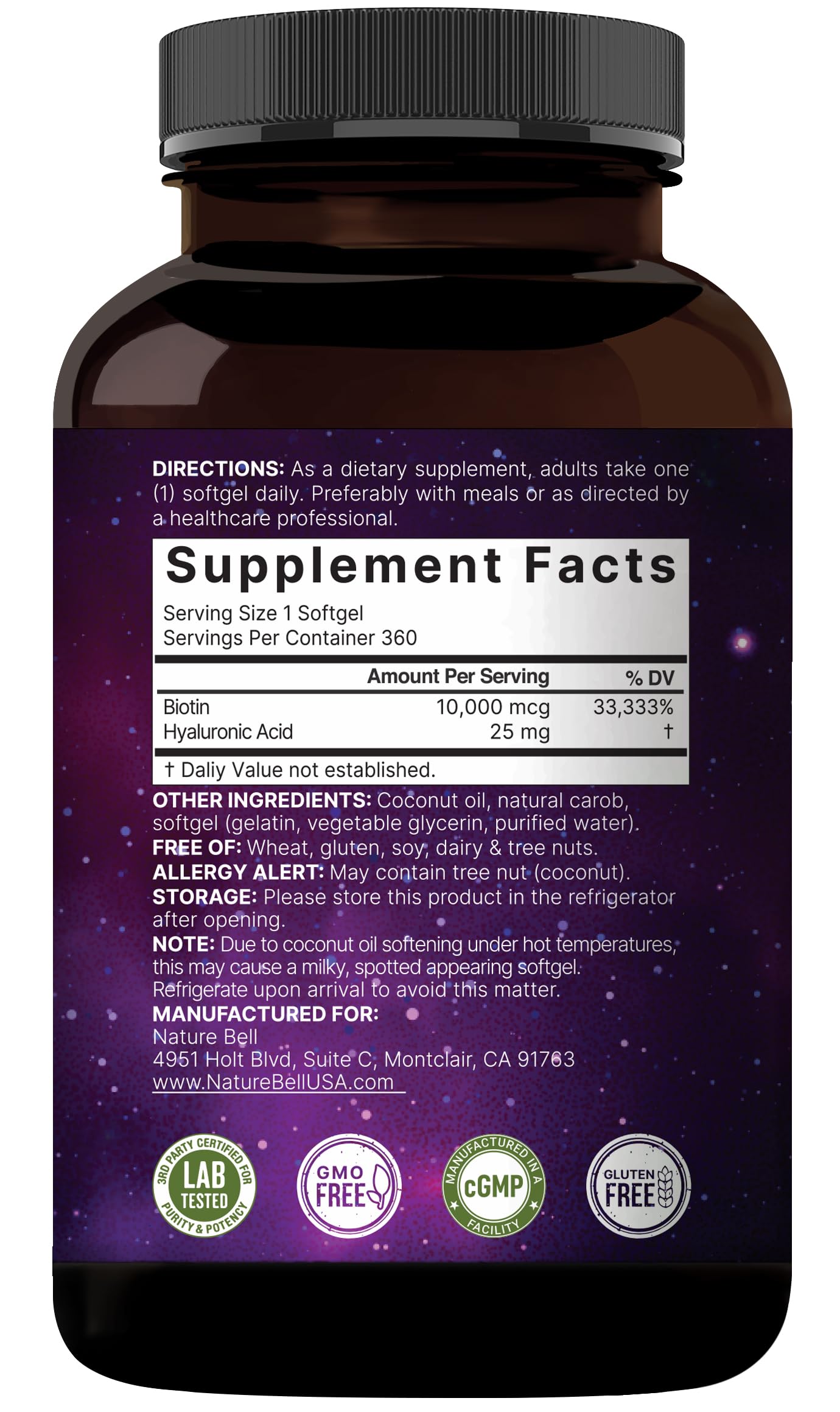 NatureBell third-party lab-tested badge on packaging indicating safety and potency