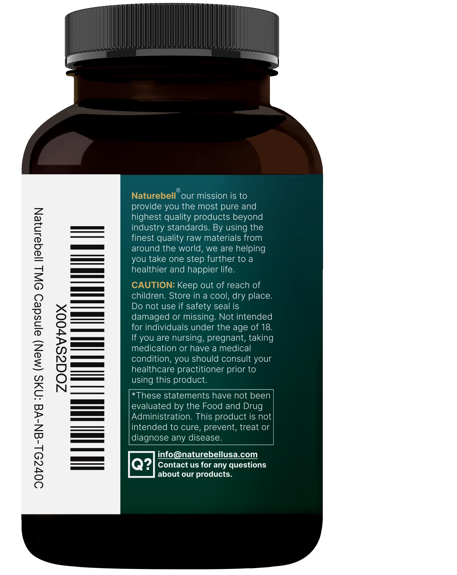 NatureBell TMG bottle with label open suggests clear ingredient sourcing and safety testing