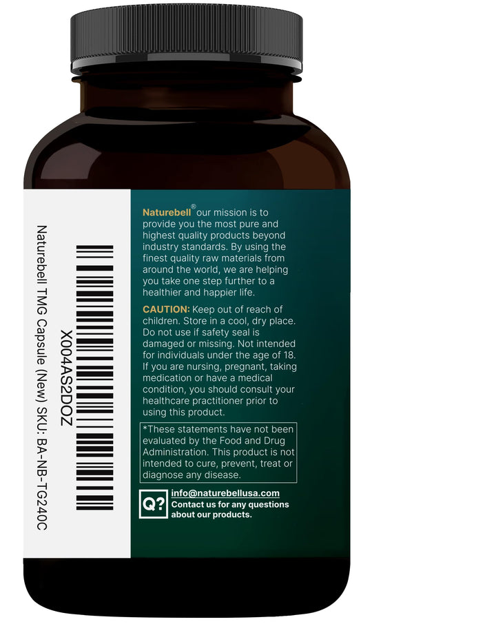 NatureBell TMG bottle with label open suggests clear ingredient sourcing and safety testing