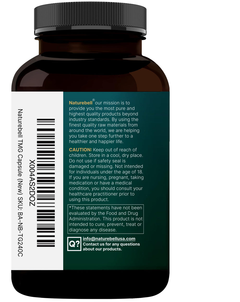 NatureBell TMG bottle with label open suggests clear ingredient sourcing and safety testing