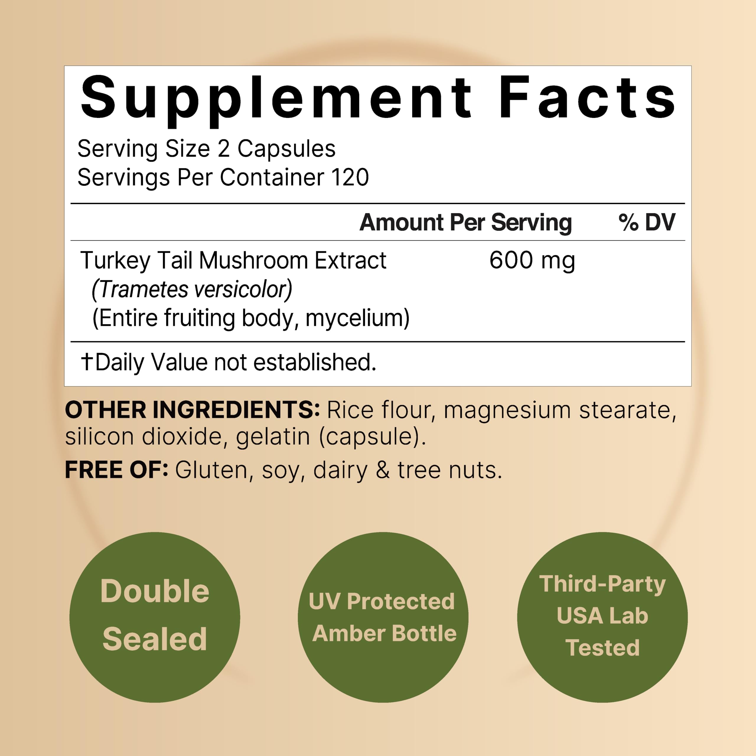 NatureBell Turkey Tail: etiqueta que destaca extracto de cuerpo y micelio para bienestar