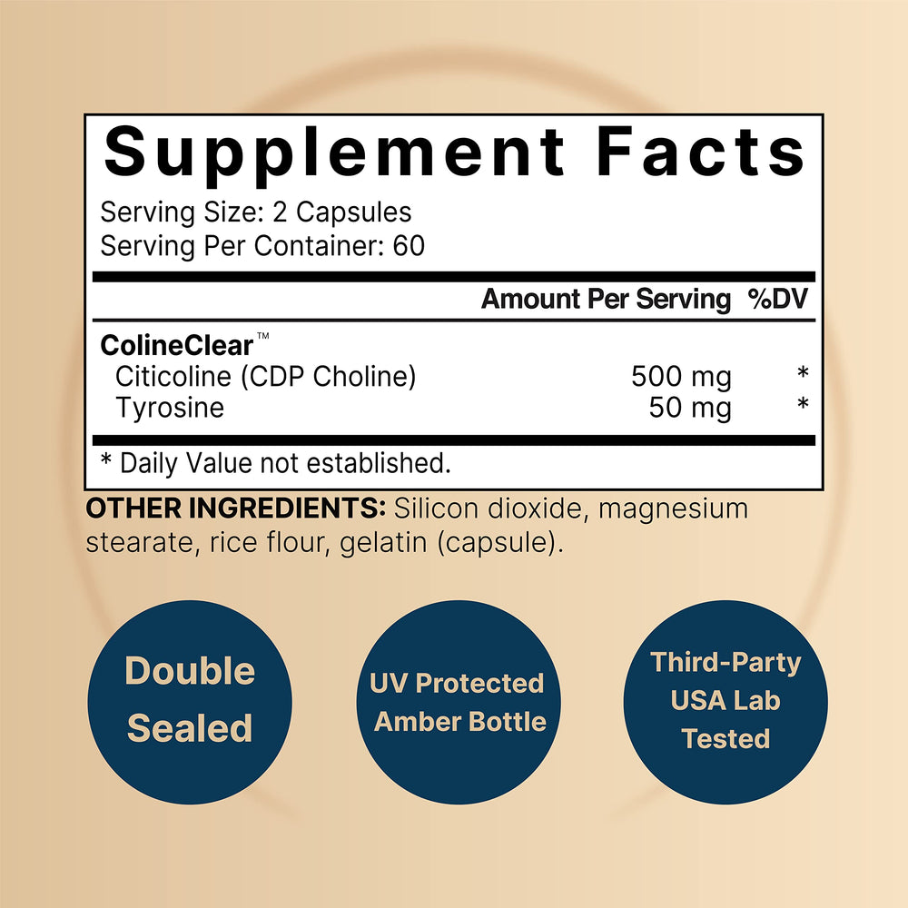 NatureBell two-in-one brain supplement label emphasizing Citicoline & Tyrosine synergy.