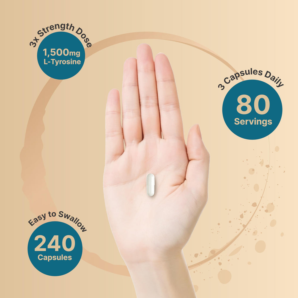 NatureBell L Tyrosine bottle showing a three-capsule daily dose.
