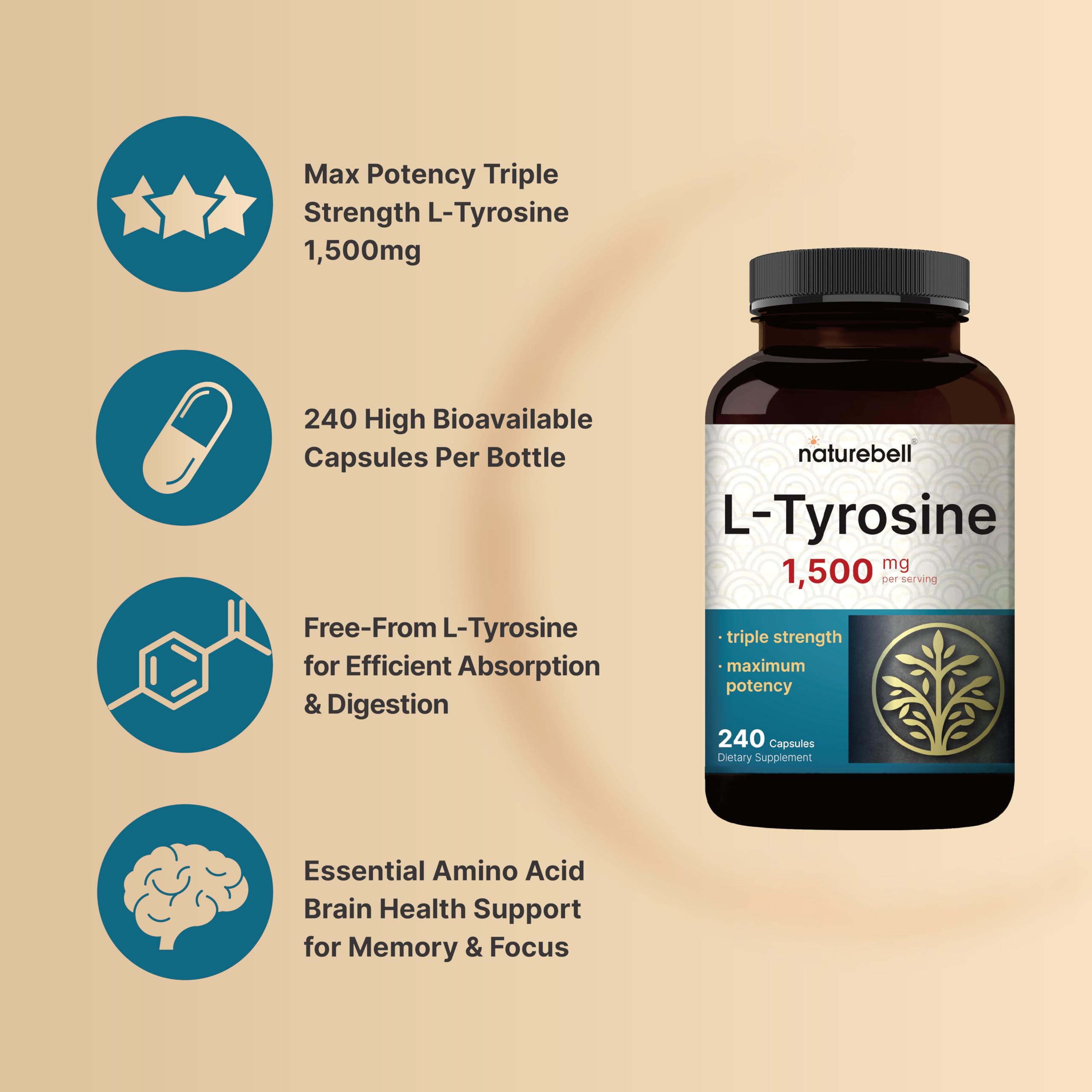 NatureBell L Tyrosine capsules illustrating neurotransmitter support for focus.