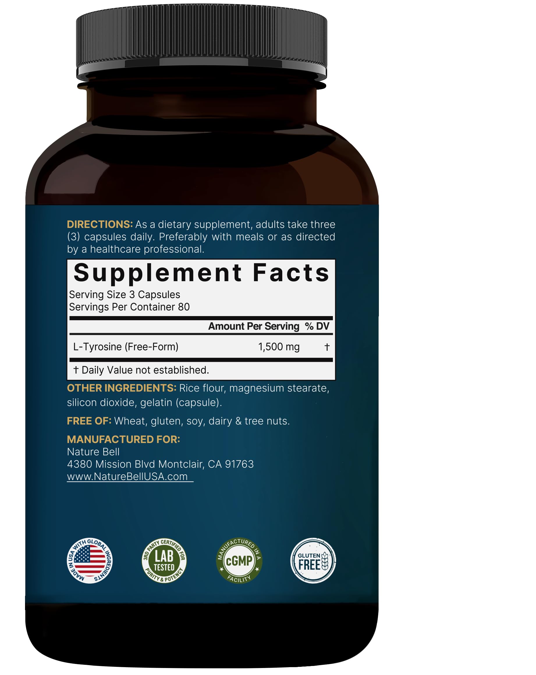 NatureBell L Tyrosine third-party testing seal on label.