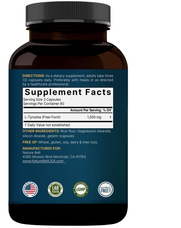 NatureBell L Tyrosine third-party testing seal on label.
