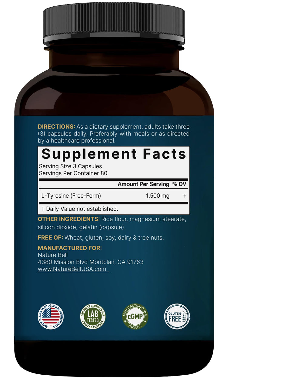 NatureBell L Tyrosine third-party testing seal on label.