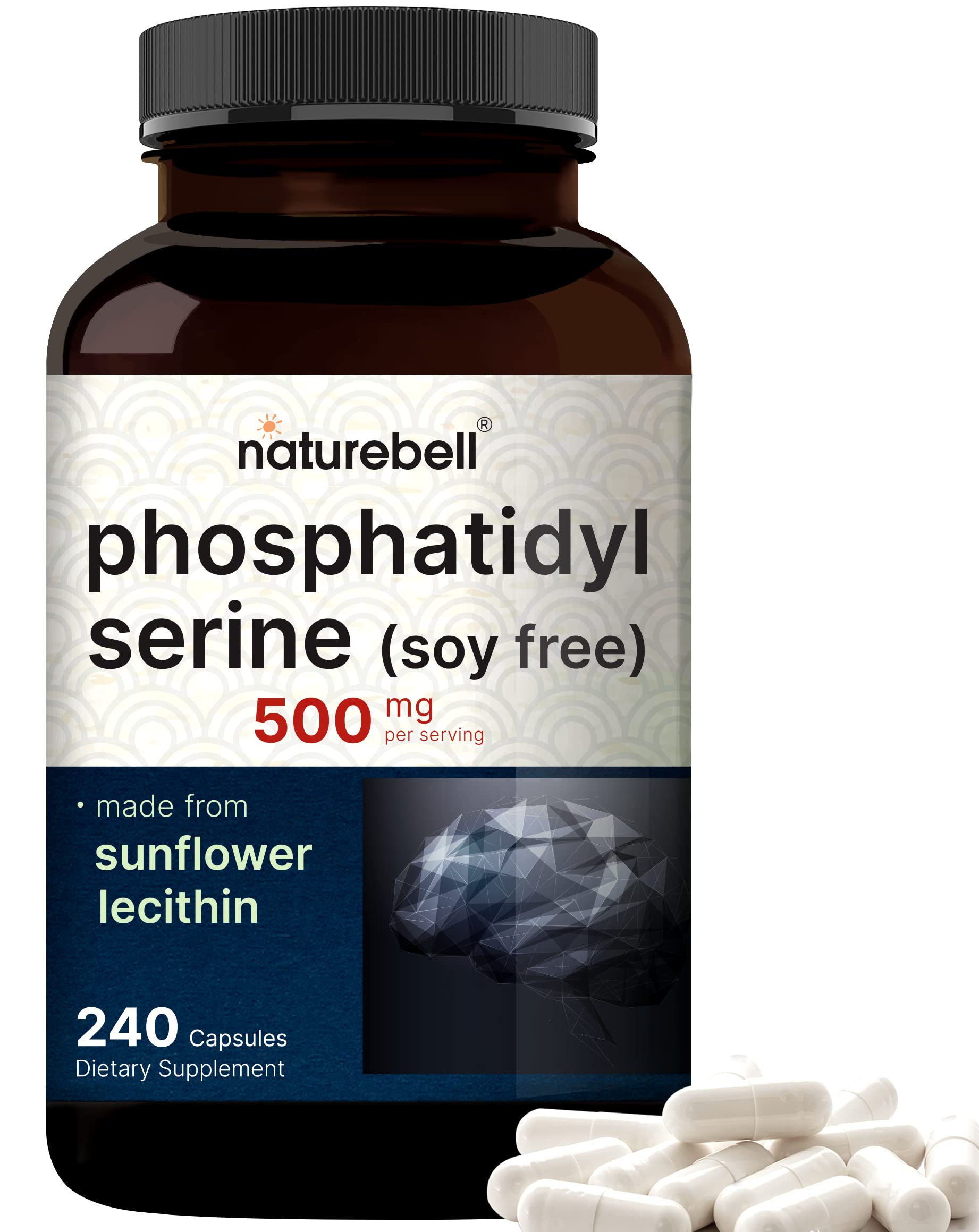 NatureBell Ultra Strength PS 500mg bottle highlights purity and easy dosing for daily cognitive support.