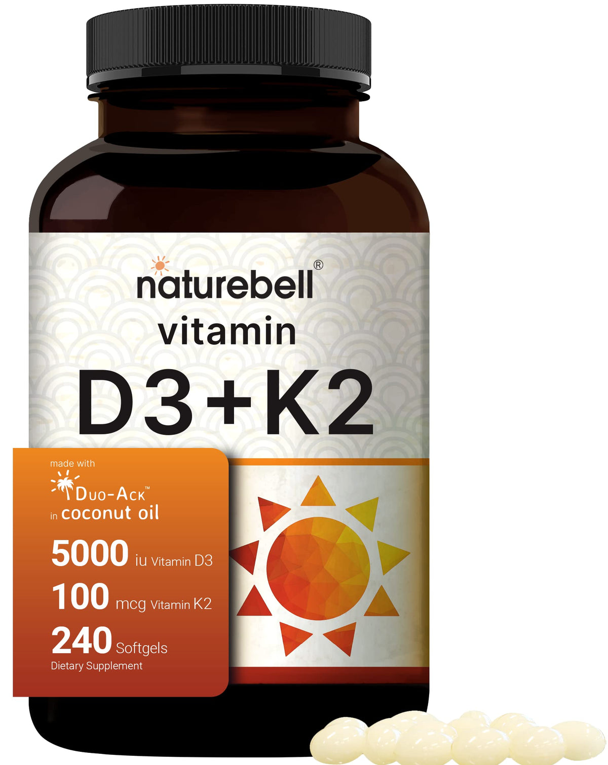 NatureBell Vitamin D3 5,000 IU + K2 100 mcg softgels bottle supports bone health