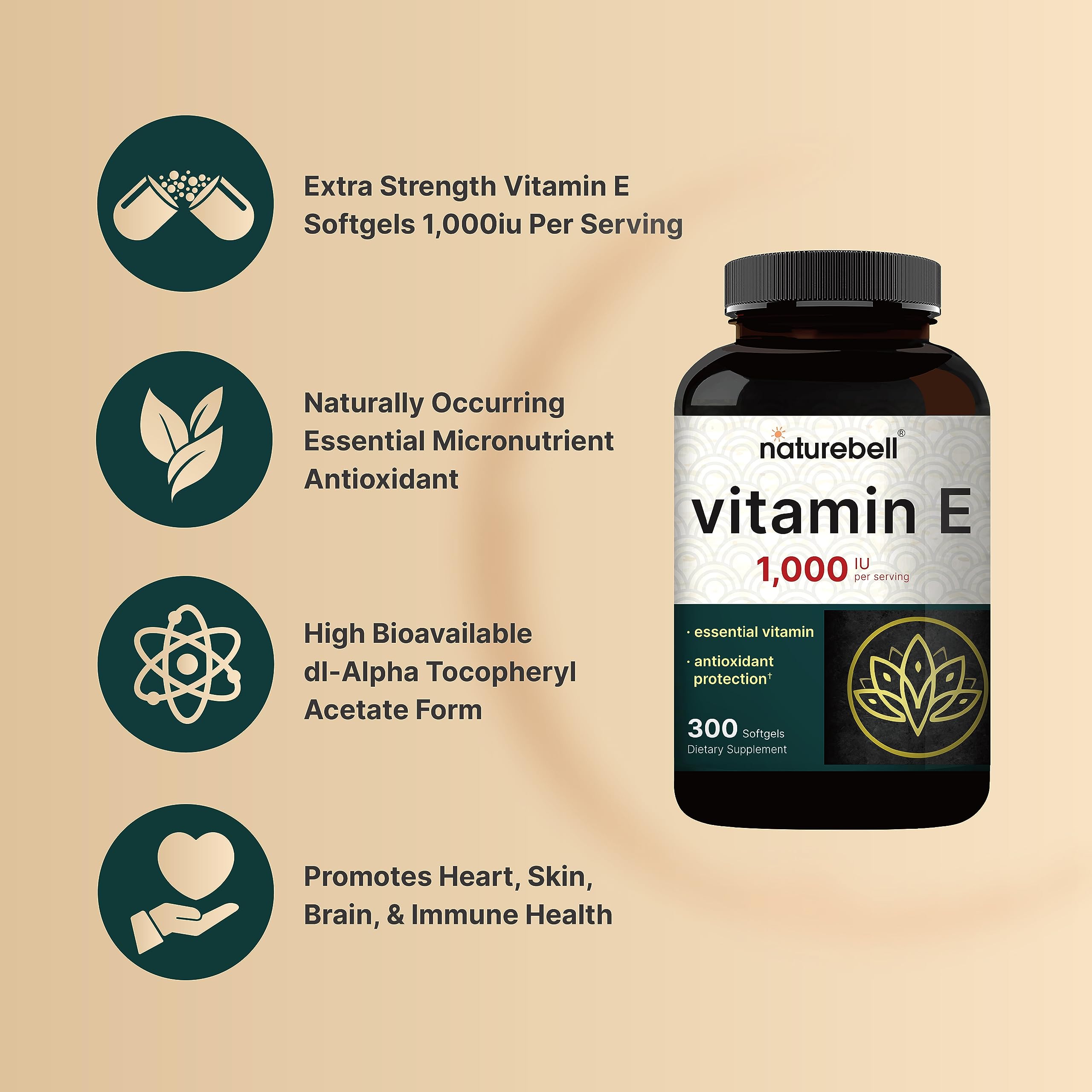 NatureBell Vitamin E dl-alpha tocopheryl acetate bottle signaling high-potency antioxidant