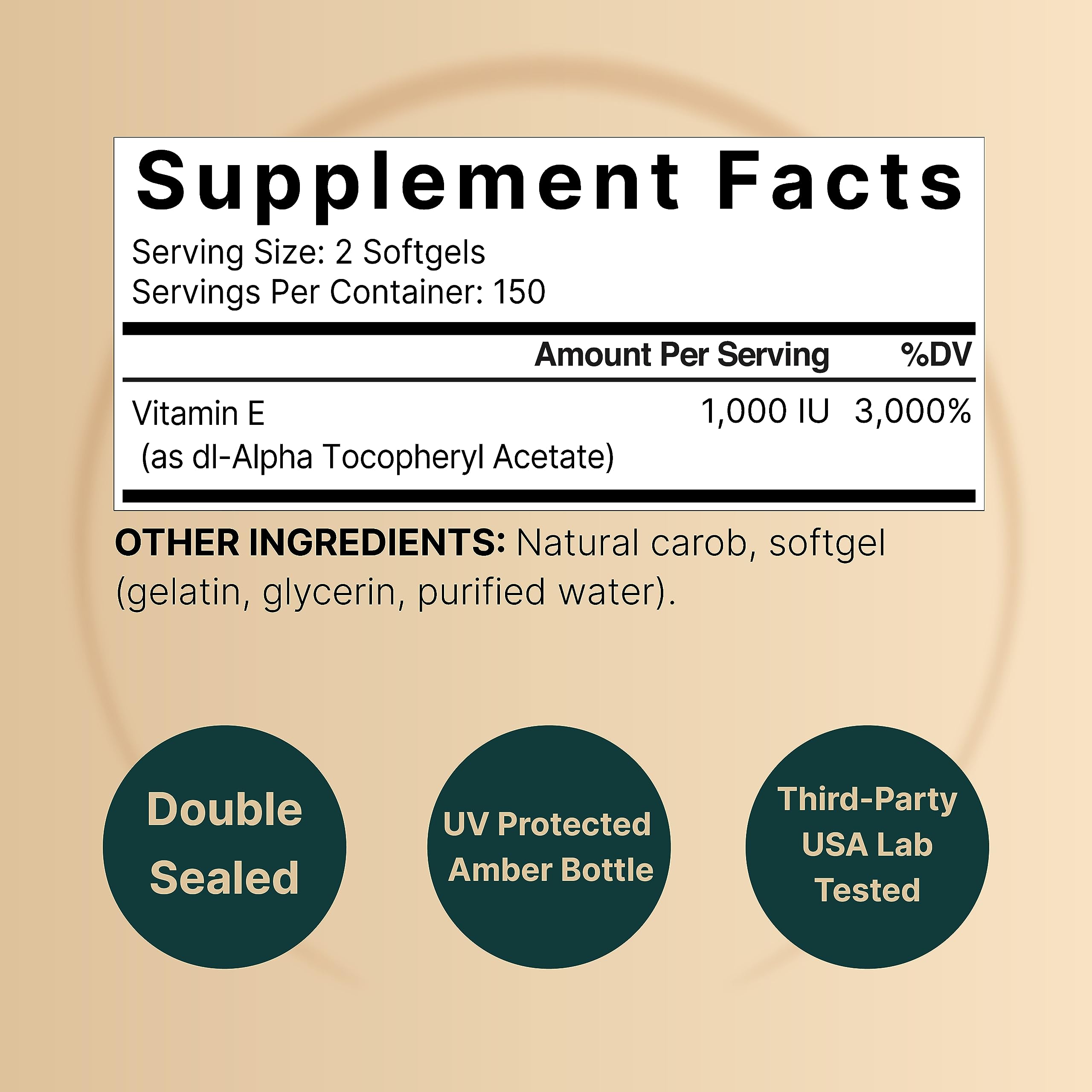 NatureBell Vitamin E softgels label closeup highlighting stable dl-alpha tocopheryl acetate