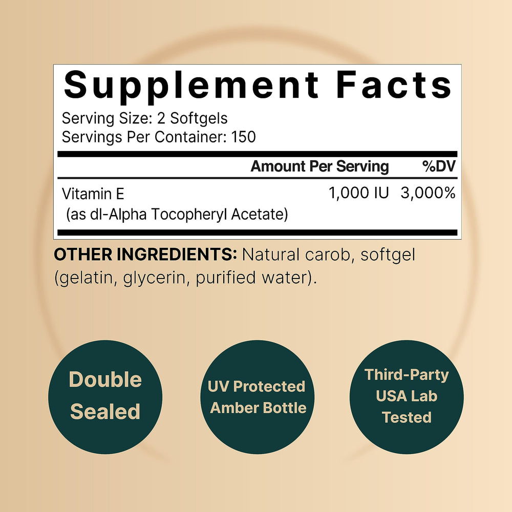 NatureBell Vitamin E softgels label closeup highlighting stable dl-alpha tocopheryl acetate