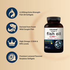 Wild-caught fish oil from NatureBell bottle emphasizes purity from deep-sea sources.