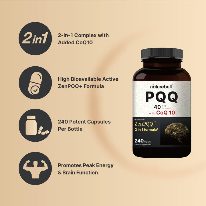 ZenPQQ+ formula graphic showing 40mg PQQ and 10mg CoQ10.