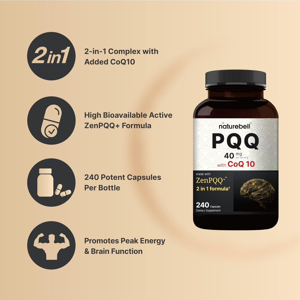 ZenPQQ+ formula graphic showing 40mg PQQ and 10mg CoQ10.