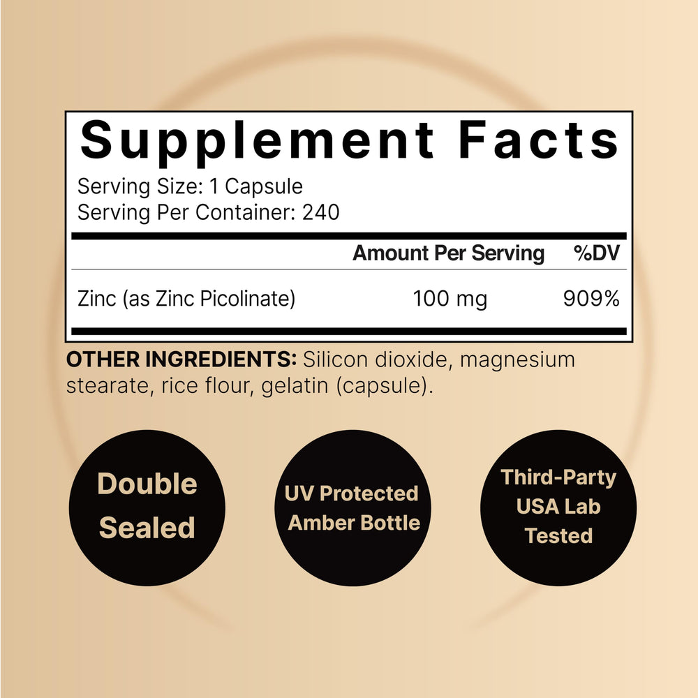 NatureBell zinc picolinate 100mg capsules close up highlighting premium bioavailable form