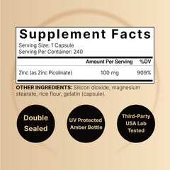 NatureBell zinc picolinate 100mg capsules close up highlighting premium bioavailable form