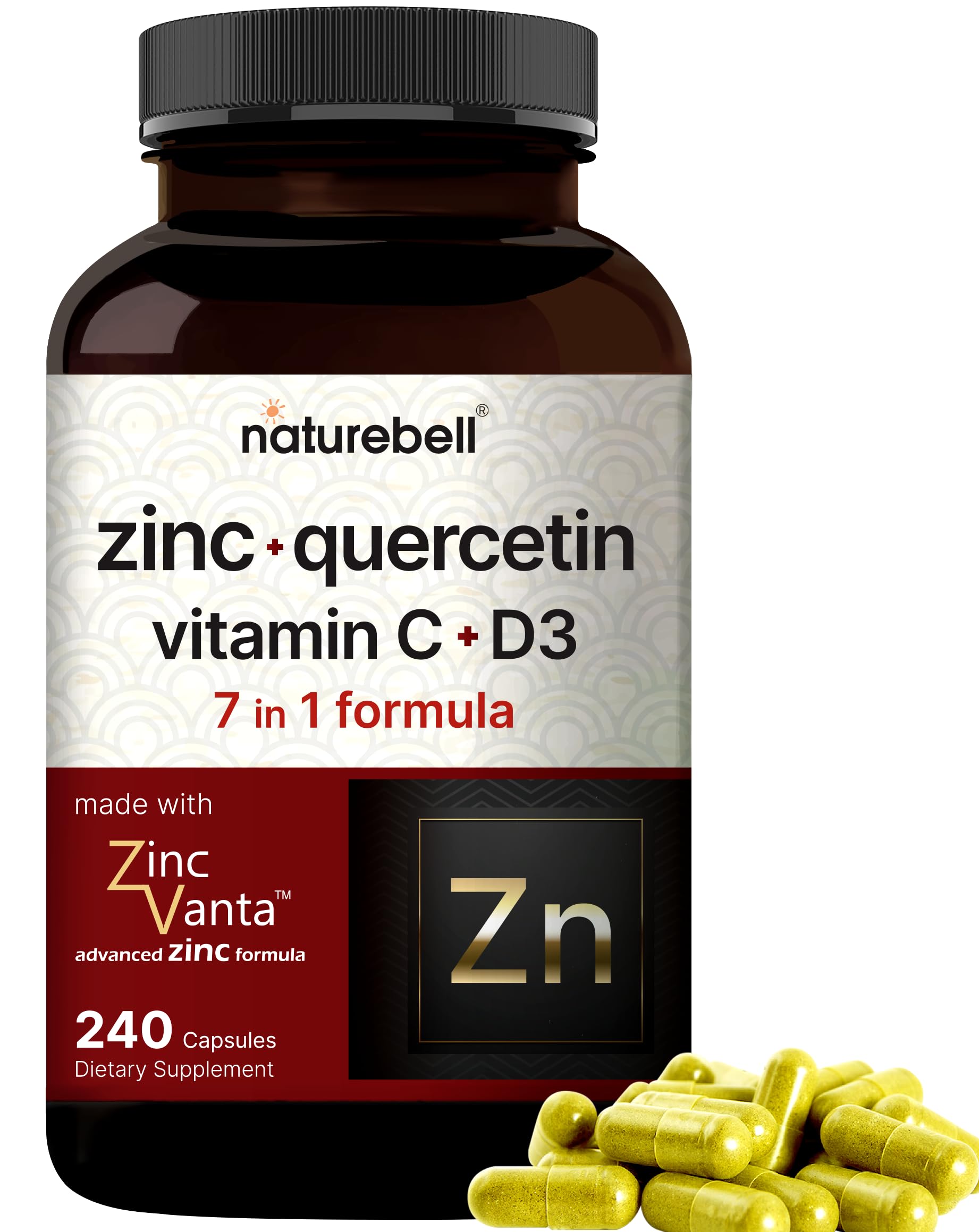 NatureBell Zinc Quercetin bottle label highlighting a 4-in-1 wellness formula.