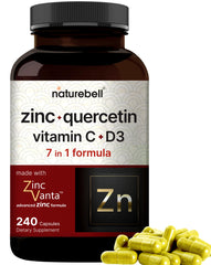 NatureBell Zinc Quercetin bottle label highlighting a 4-in-1 wellness formula.