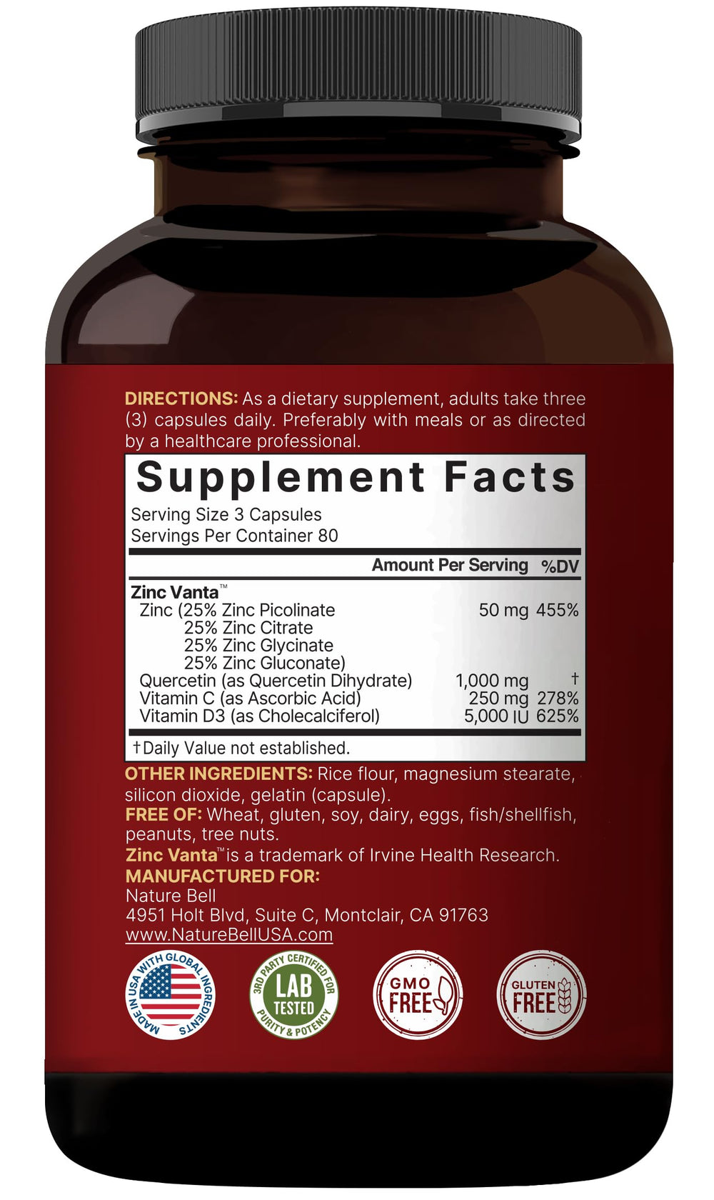 NatureBell zinc-quercetin vitamins C and D3 visual for added nutrients.