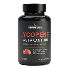 NatureBulk Lycopene and Astaxanthin capsules with Reishi powder, a potent antioxidant blend.