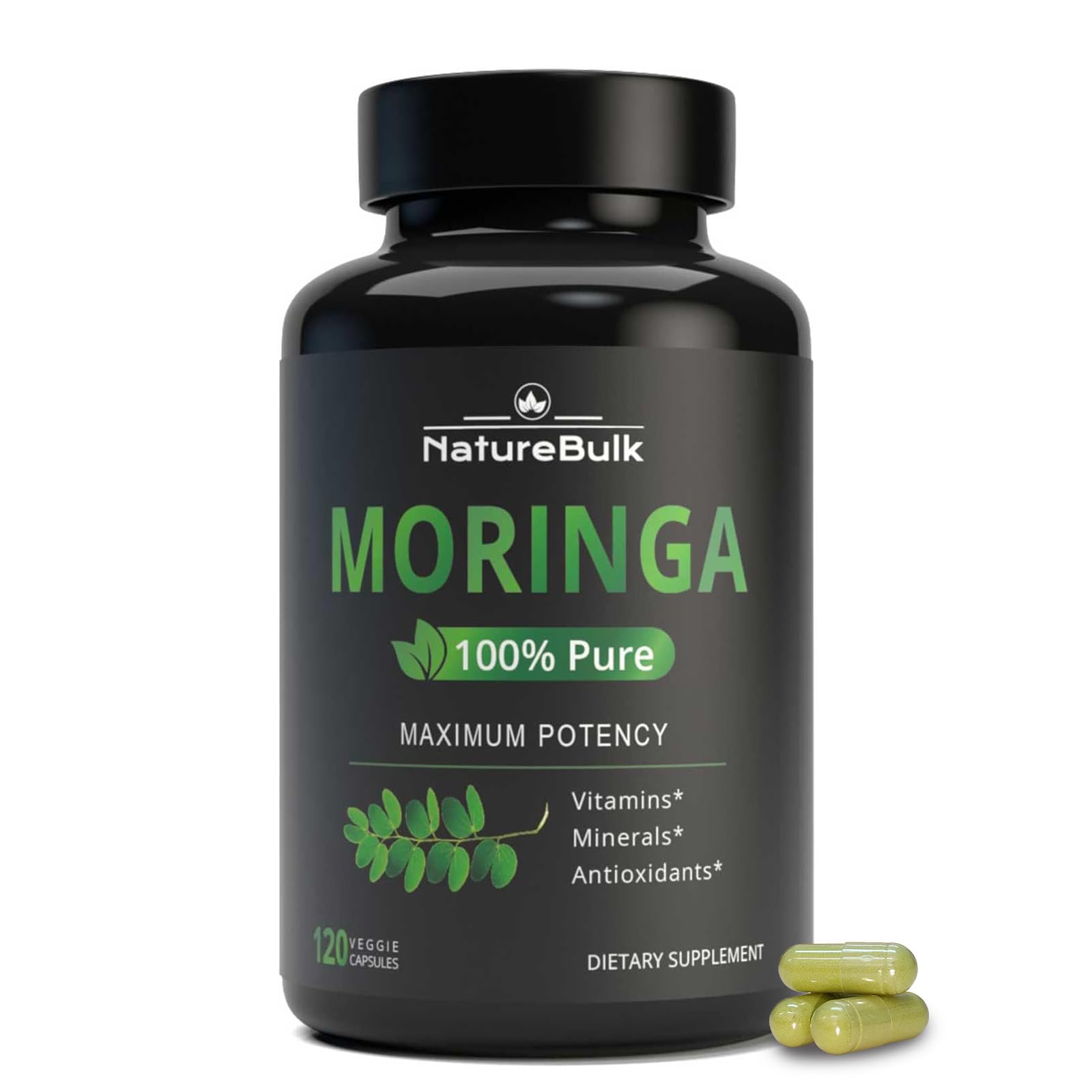 NATUREBULK Moringa Leaf 880mg capsules in bottle for steady energy and immunity