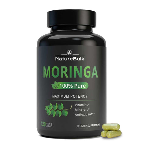 NATUREBULK Moringa Leaf 880mg capsules in bottle for steady energy and immunity