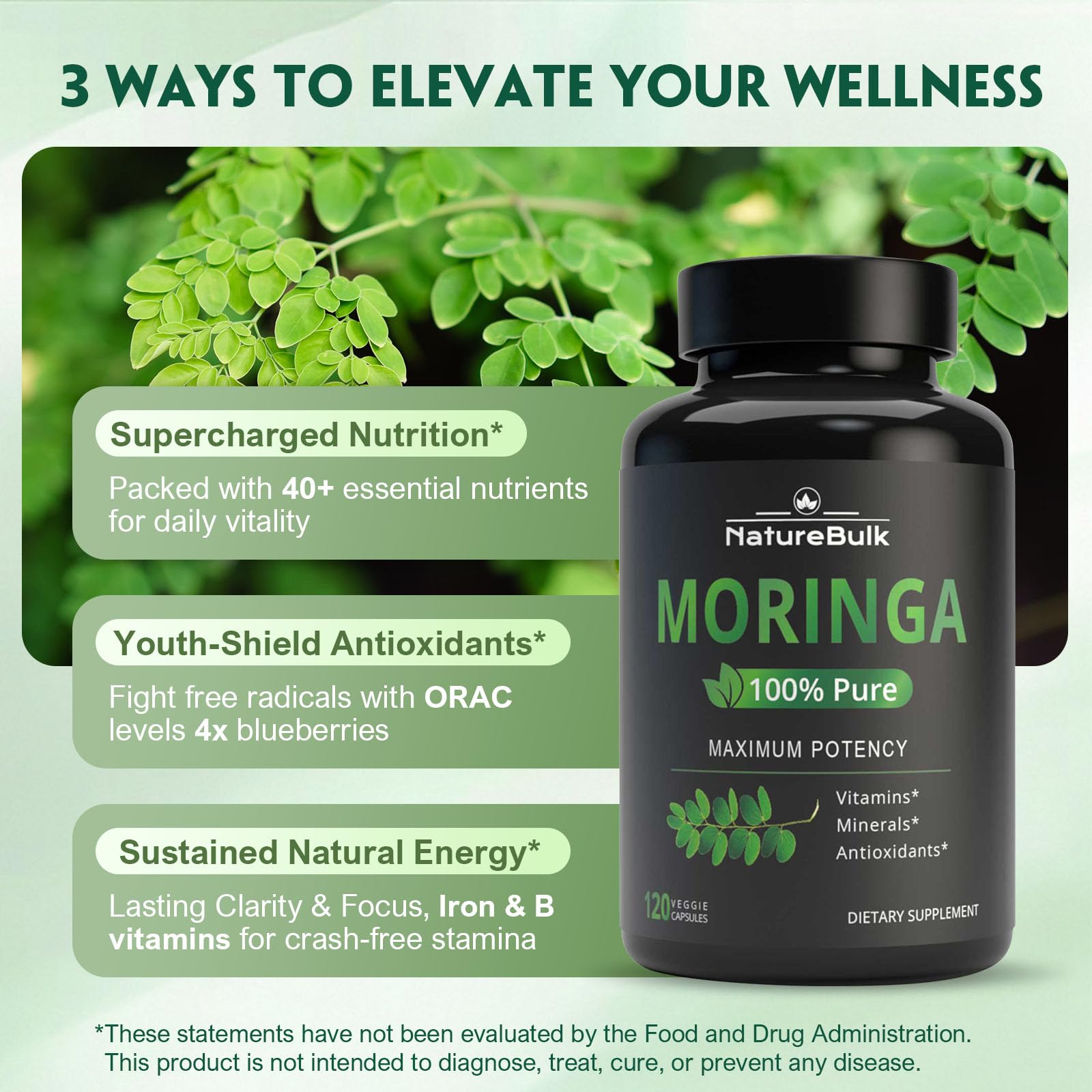 Front view of NatureBULK moringa bottle with clear vegan labeling