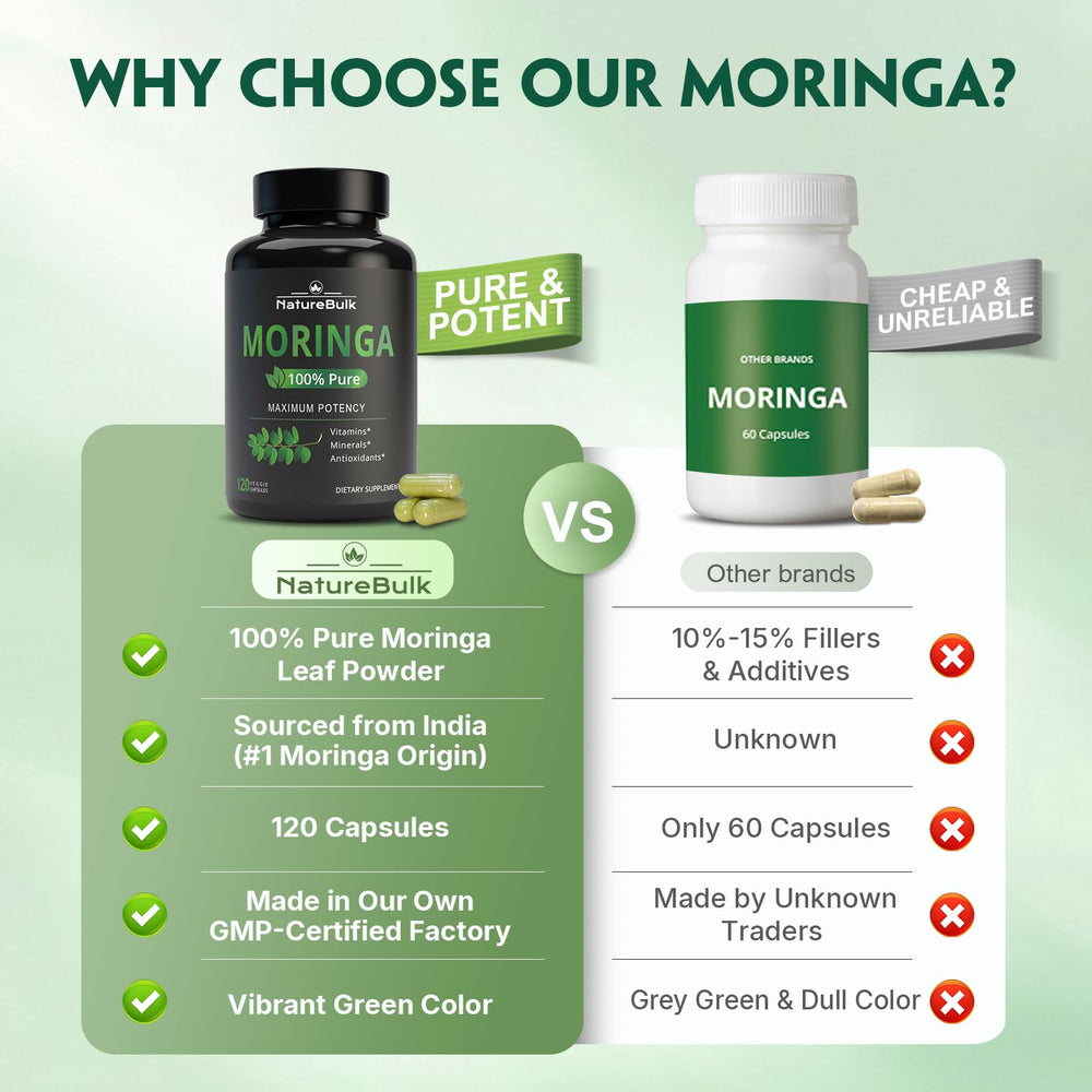 Vegan-friendly NatureBULK moringa packaging emphasizing allergen-free formula