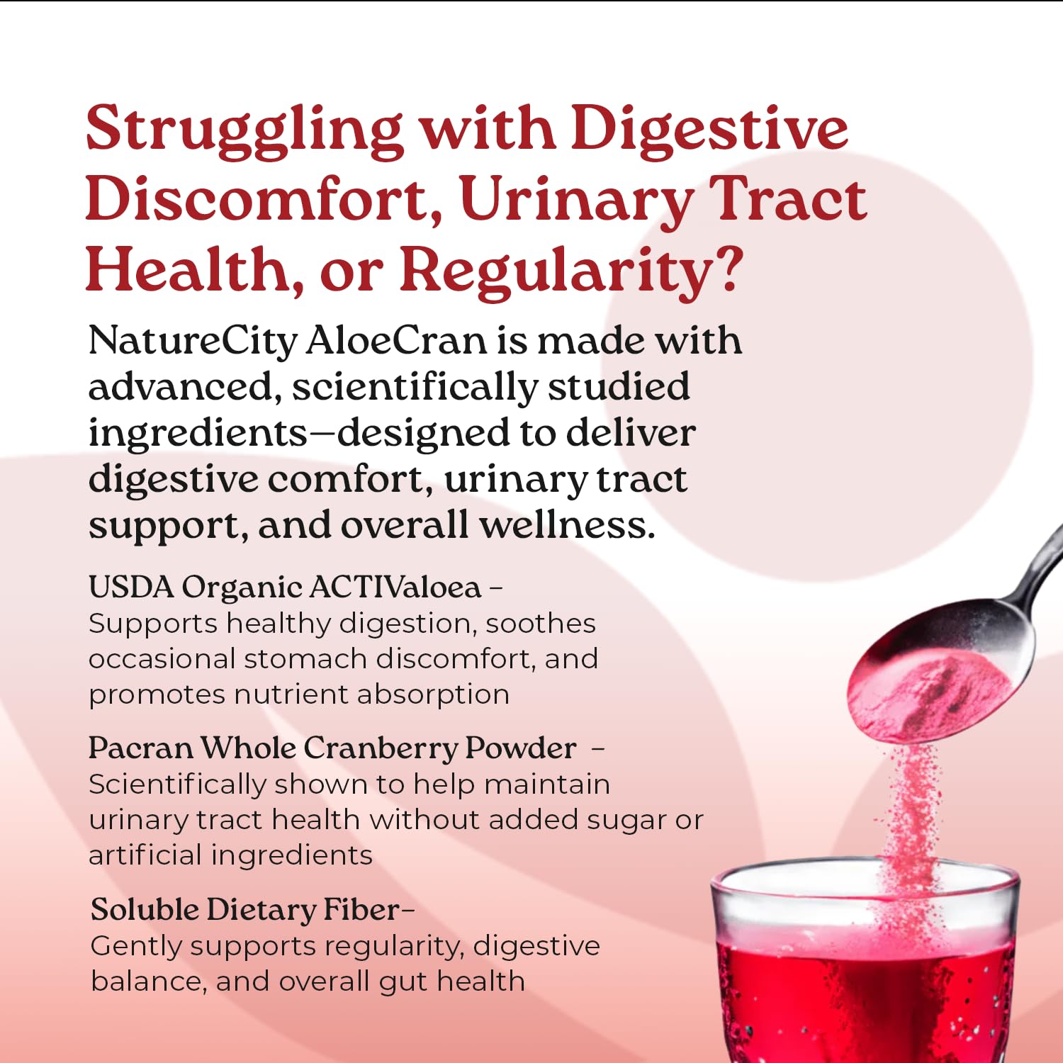 Container of cranberry powder with cranberries indicating urinary tract support potential