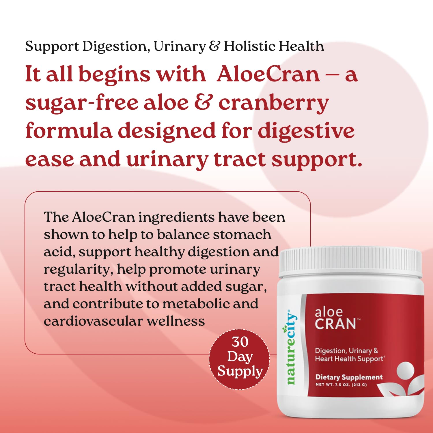 NatureCity AloeCran bottle close-up highlighting ingredients and keto-friendly formula