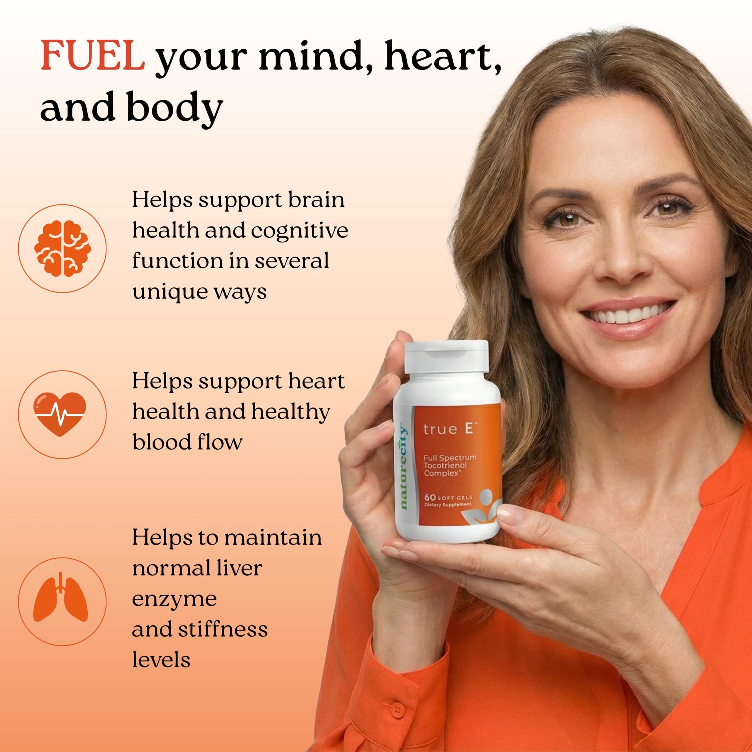 NatureCity True-E bottle on a clean desk, ideal for everyday supplementation