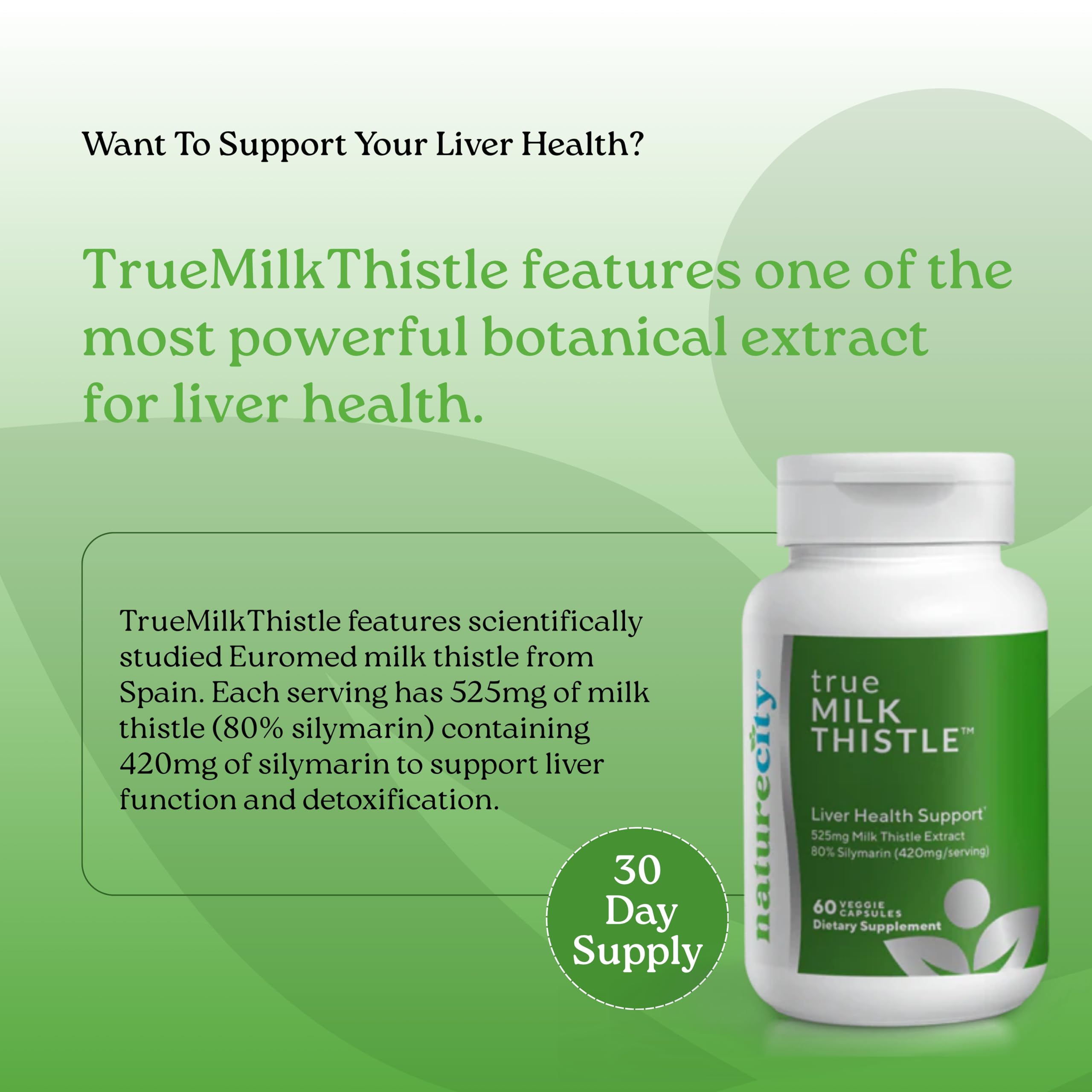 TrueMilkThistle capsules close-up showing 525mg per serving.