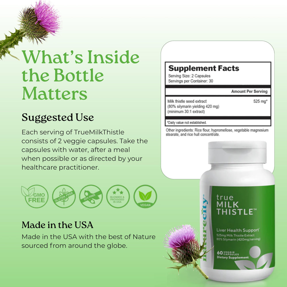 TrueMilkThistle packaging with 60 veggie capsules displayed.
