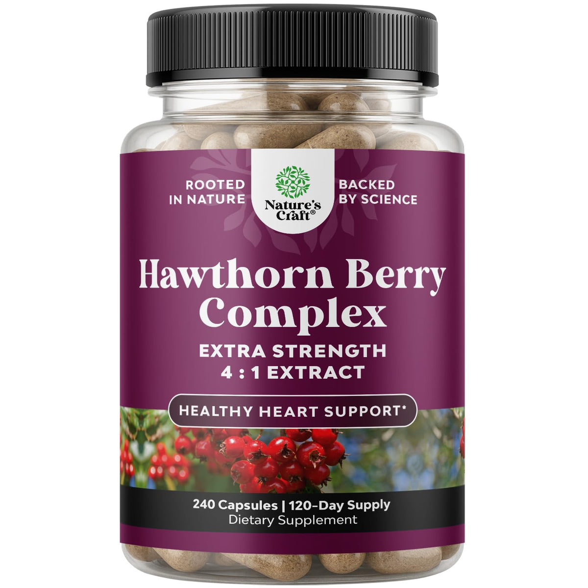 Nature's Craft Hawthorn bottle with capsules for daily heart support