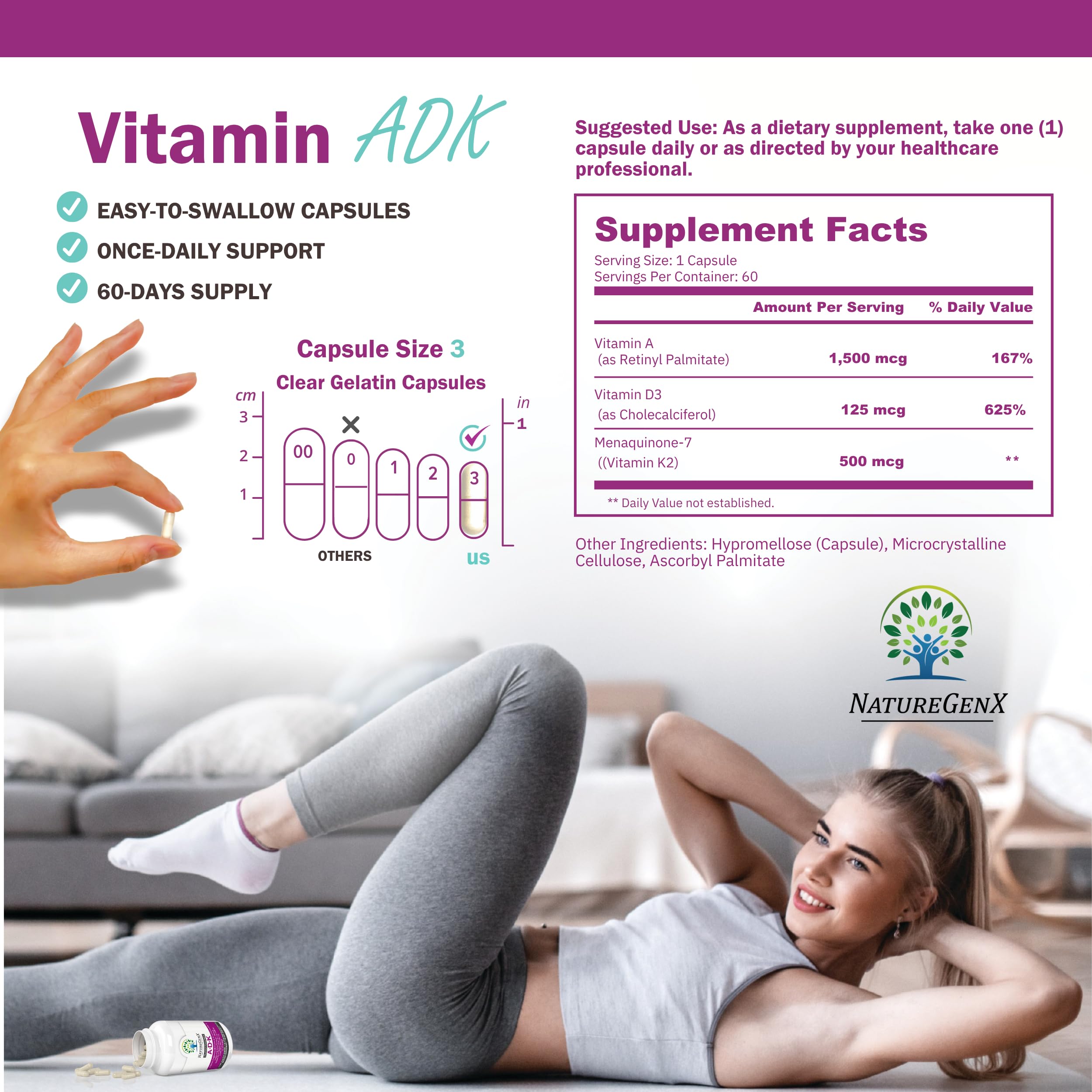 NatureGenX ADK label detail with MK-7 and vitamin amounts clearly listed.