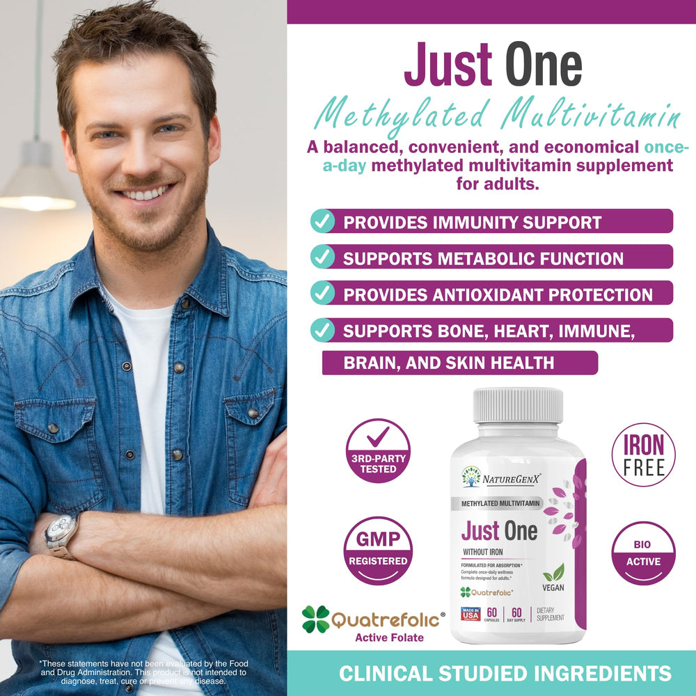 NatureGenX Just One Daily bottle detail shows methylfolate and B12 for high absorption.