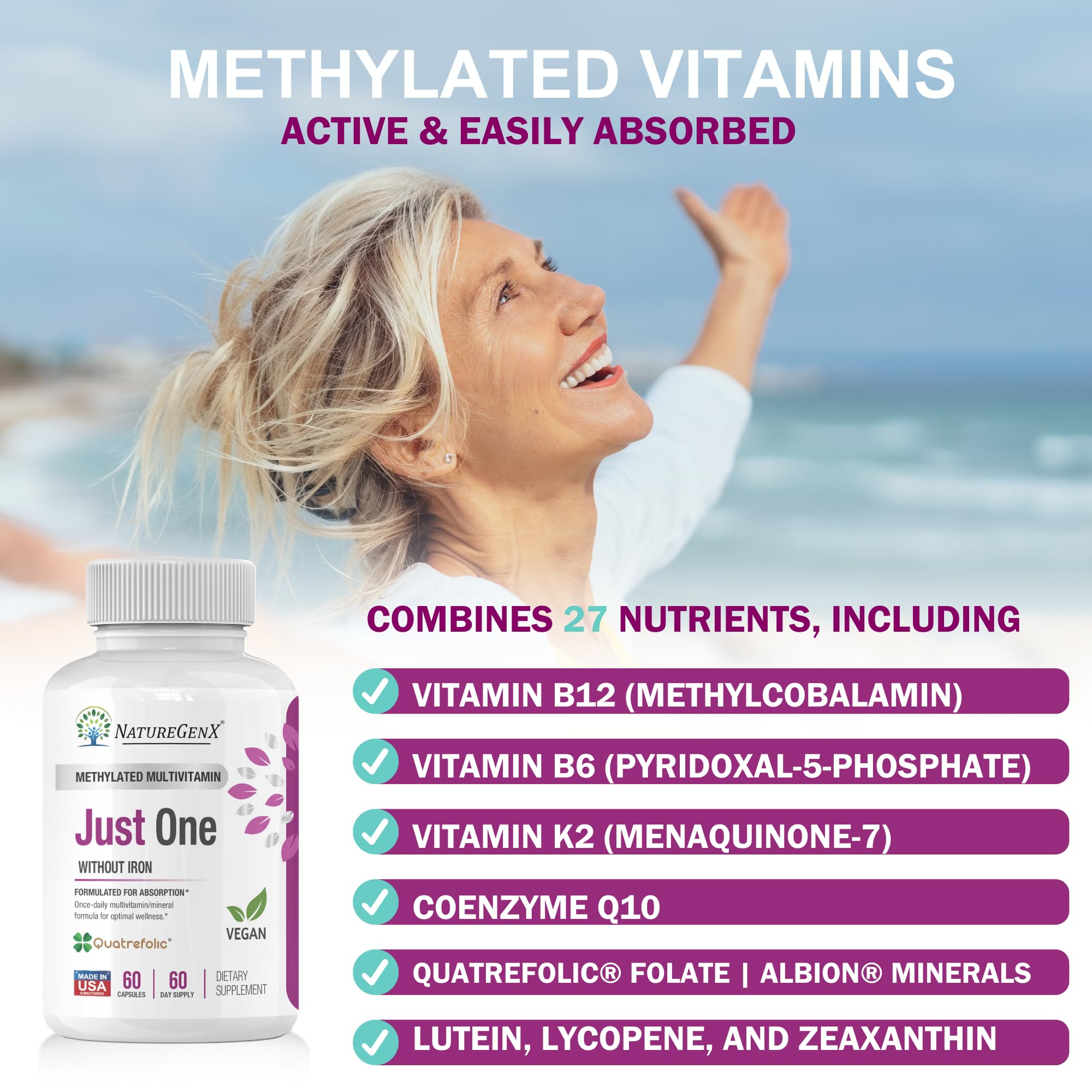 NatureGenX Just One Daily label close-up highlighting the iron-free formula for adults.