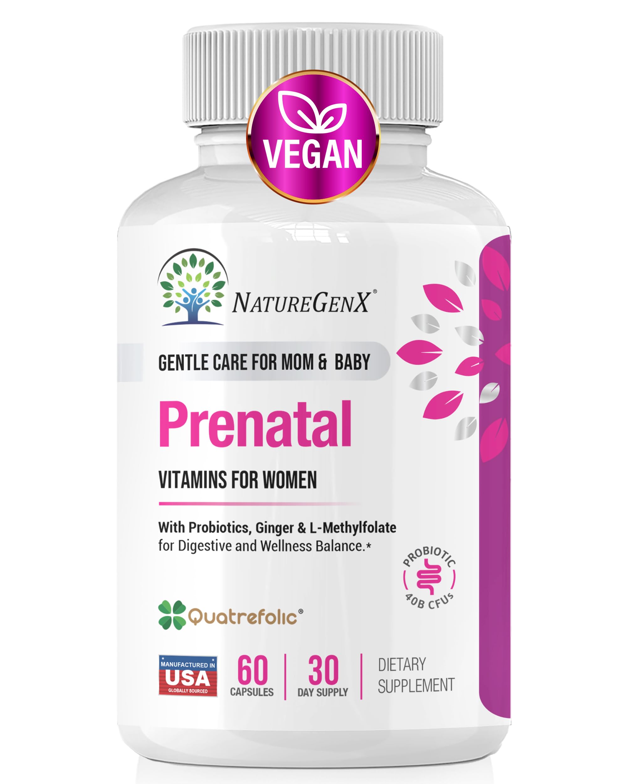 NatureGenX Methyl Prenatal bottle front showing a complete vegan multivitamin for pregnancy support