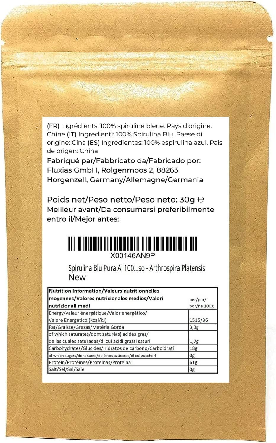 Naturegrail Blue Spirulina powder ingredients label highlights 100% pure phycocyanin.