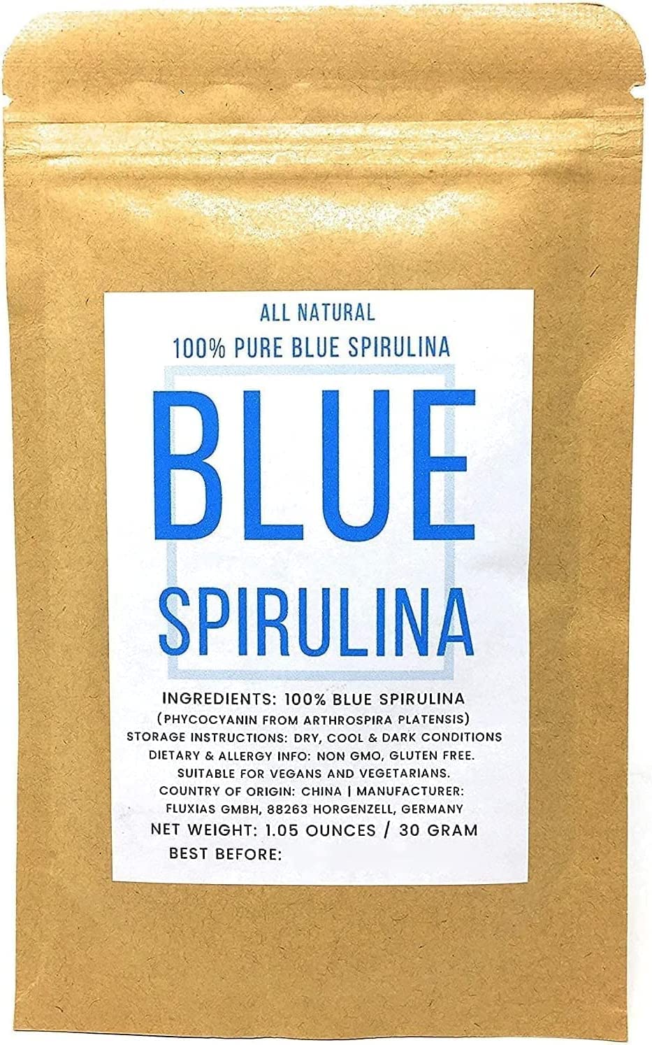 Naturegrail Blue Spirulina powder on noodles creates bright blue pasta.